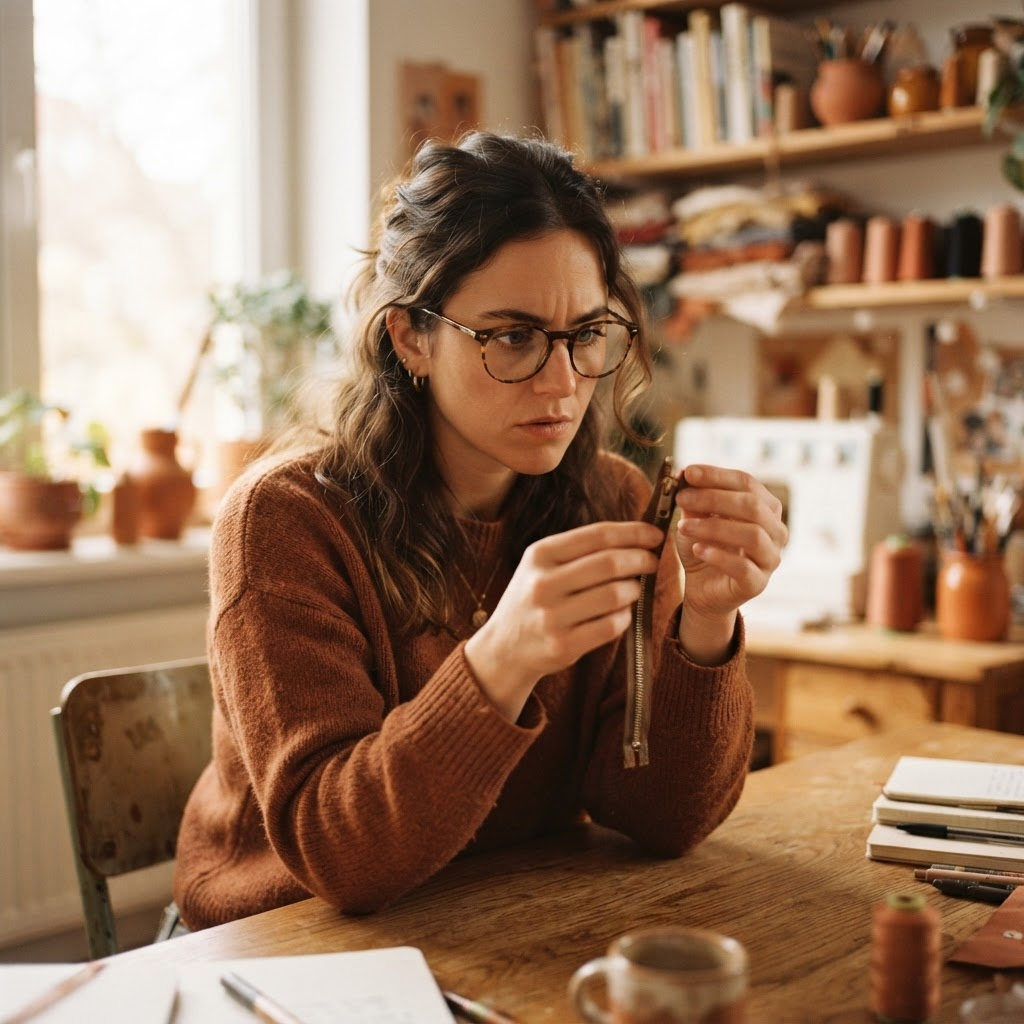 Une femme à lunettes plisse les yeux devant une fermeture éclair
